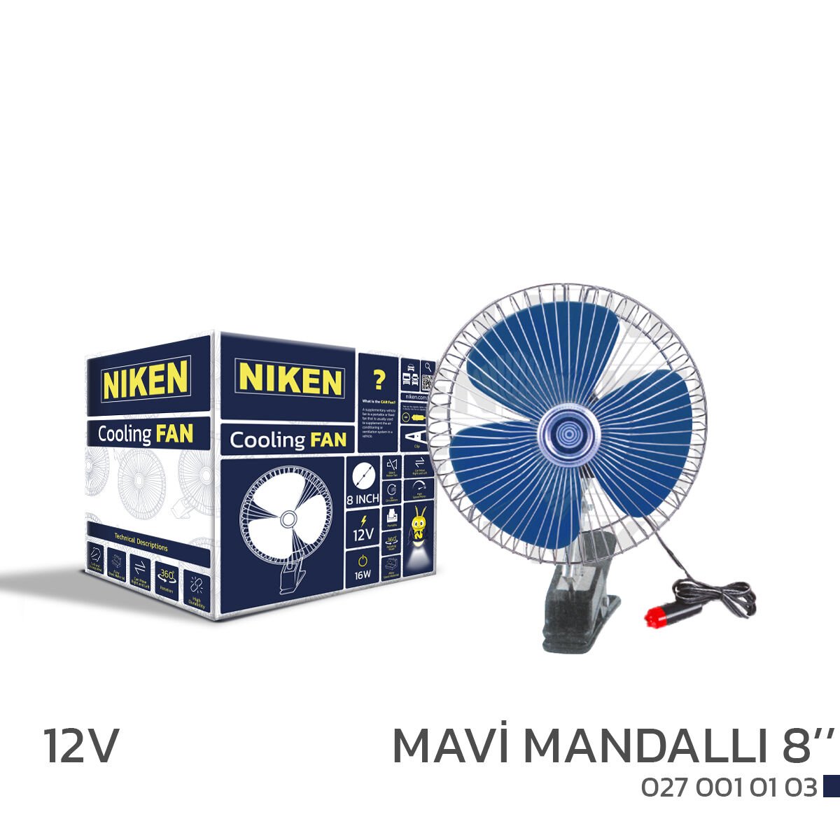 ARAÇ VANTİLATÖRÜ MAVİ MANDALLI 12V 8 İNÇ
