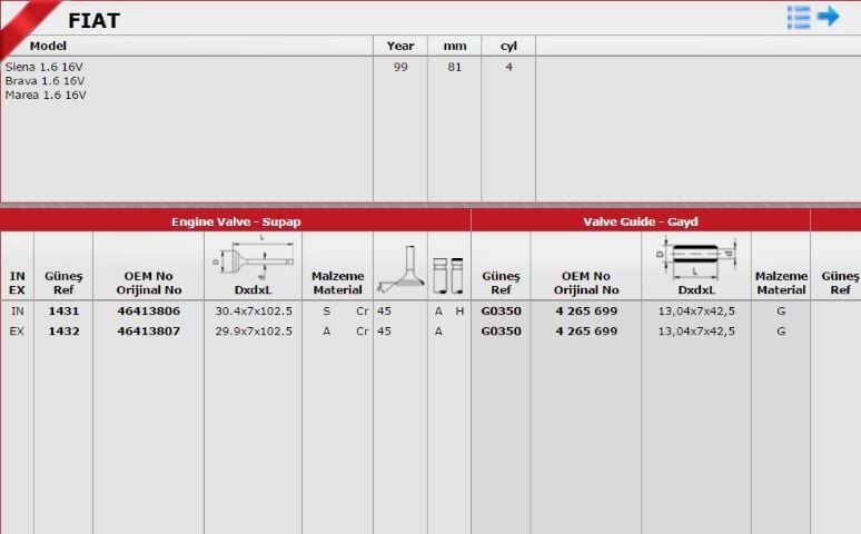 FIAT PALIO/BRAVO/MAREA TORK MOTOR 98-05 SUPAP TAKIMI 46517325/46462159 GUNES