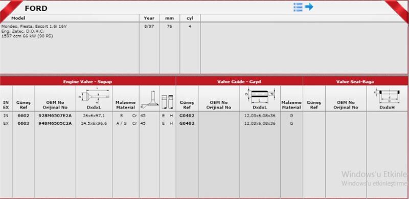 FORD ESCORT/FIESTA/MONDEO 95- SUPAP TAKIMI 928M 6507 E2A / 948M 6505 C2A GUNES