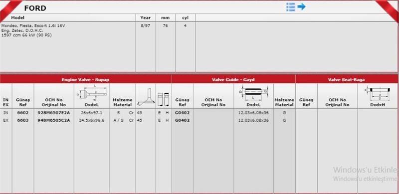 FORD ESCORT/FIESTA/MONDEO 95- SUPAP TAKIMI 928M 6507 E2A / 948M 6505 C2A GUNES