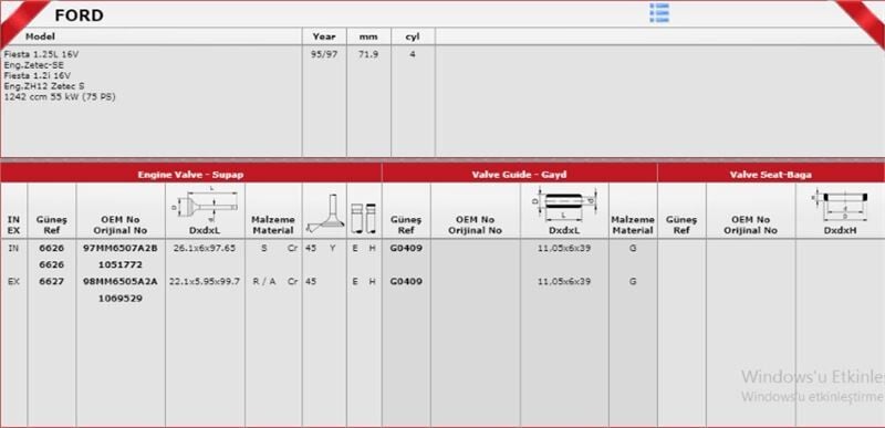 FORD FIESTA 96- SUPAP TAKIMI 97MM 6507 A2B / XS6G 6505 A2B GUNES