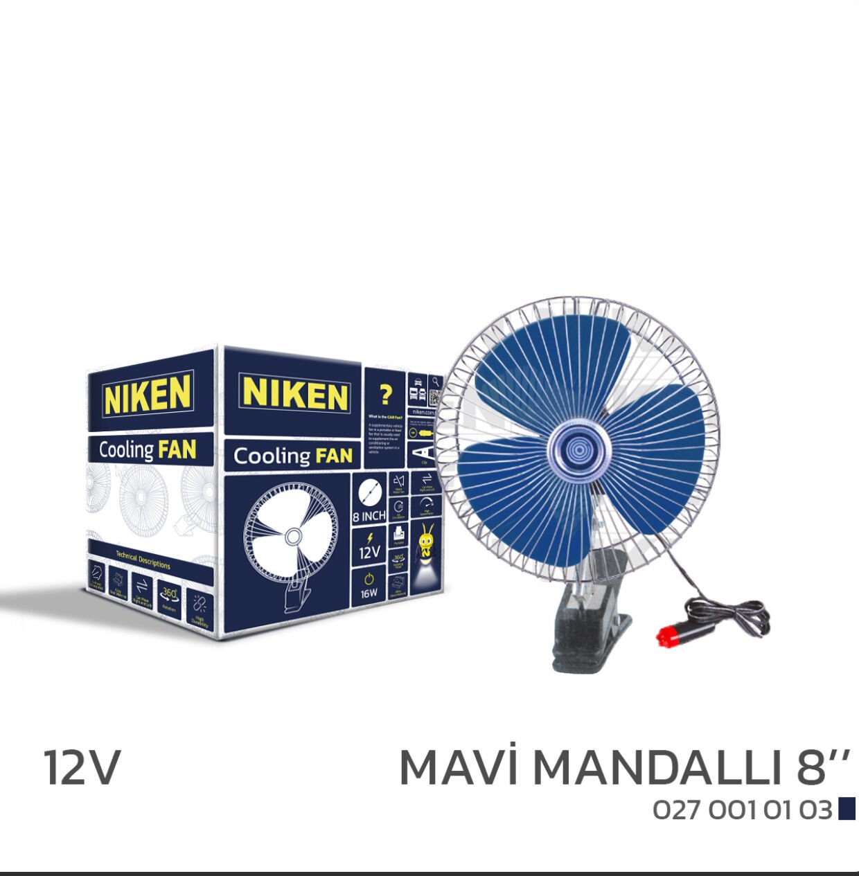 VANTİLATÖR 12V 8 INCH HIZ AYARLI MANDALLI